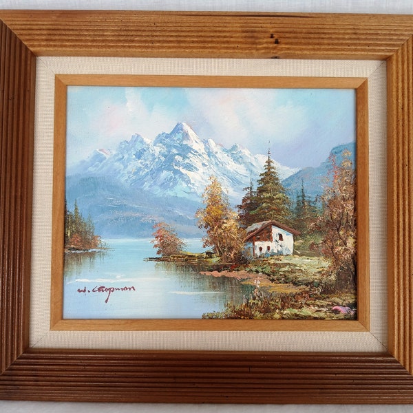 Vintage Oil Painting on Canvas Autumn Fall Mountain Scene Lake Landscape Wooden Frame Artwork Painting Wall Art Signed W. Chapman