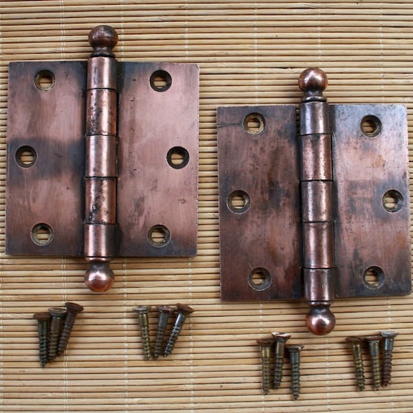 16 Pair available 3.5"x3.5" Antique Vintage Old Reclaimed Salvaged Steel Copper Ball Tip Finial Interior Door Hinges Screws Japanned