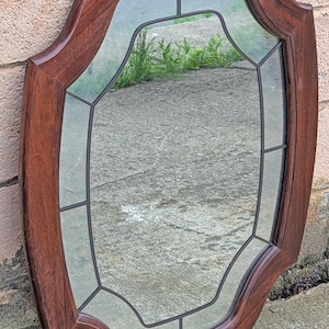 Vintage Antique Old Reclaimed Salvaged Solid Wood Wooden Oval Curved Serpentine Wall Mounted Mount Mirror Textured Glass Ornate Decorative