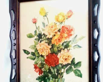 Vintage Chromolithograph Print Under Glass Hand Carved Cherry Wood Openwork Fret Frame Roses Bouquet Wall Hanging Art Woodcarving