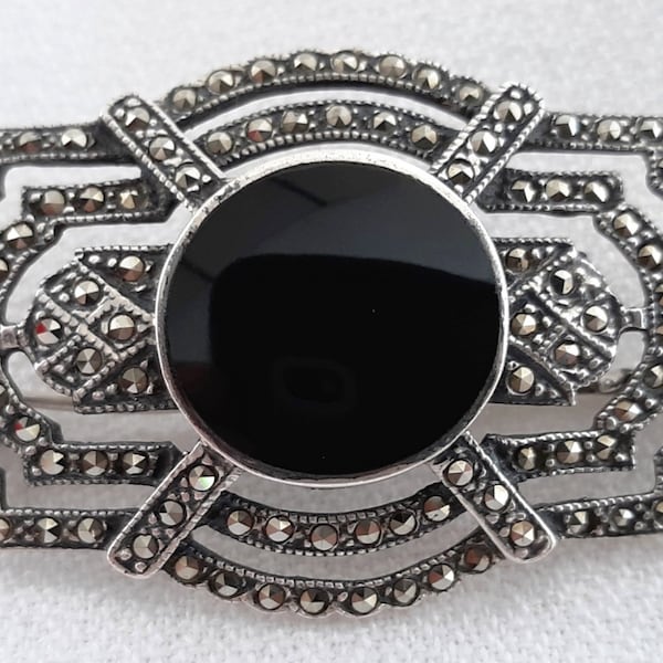 Vintage Art Deco Victorian Style Norwegian Design Sterling Silver Brooch Marcasite and Genuine Black Onyx Marked ND925 Pin Gift for Her
