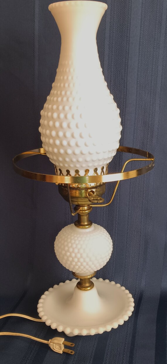 Vintage Milk Glass Hobnail Beaded Footed Table Lamp W fenton