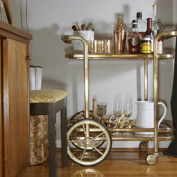 Vintage Retro Brass Gold Rolling Bar Cart Mad Men Midcentury Modern