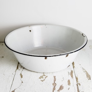 Vintage White Black Extra Large Enamelware Basin Bowl Industrial Modern Farmhouse Décor