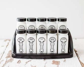 Vintage Antique 1940&#39;s Griffith’s Seasoning Spices Milk Glass Bottle Set of Ten (10) with Stair Shelf
