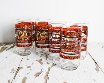 Vintage Antique Set of Seven (7) McDonald’s Coca-Cola Stained Glass Window Collector’s Tumblers Glasses Cups