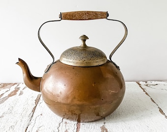 Vintage Turkish Copper Tea Pot Antique Brass Teapot Vintage Tea Kettle Wood Handle Made in Portugal Vintage Portuguese Teapot