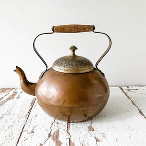Vintage Turkish Copper Tea Pot Antique Brass Teapot Vintage Tea Kettle Wood Handle Made in Portugal Vintage Portuguese Teapot