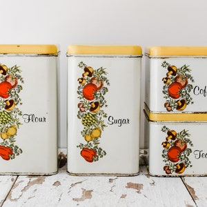 Vintage Antique Set of Four (4) Cheinco Housewares Aluminum Tin Flour Sugar Coffee Tea Canister Cans 1970’s