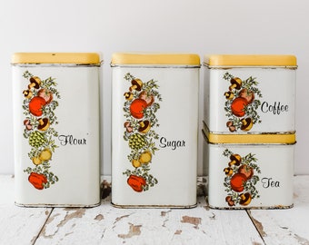 Vintage Antique Set of Four (4) Cheinco Housewares Aluminum Tin Flour Sugar Coffee Tea Canister Cans 1970’s