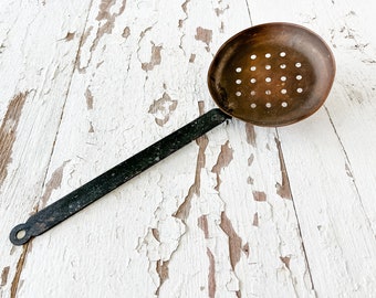 Vintage Antique Copper Metal Strainer Spoon with Black Metal Handle