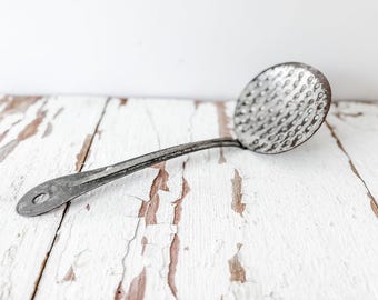 Vintage Slotted Spoon Skimmer – Rustic Metal Strainer Ladle – Farmhouse Kitchen Decor – Primitive Cooking Utensil – Pierced Serving Spoon
