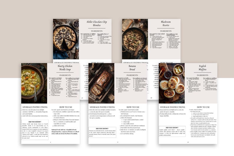 K&ouml;nnte beinhalten: Rezeptseiten mit Gerichten wie Skillet Chocolate Chip Blondies, Mushroom Risotto, Hearty Chicken Noodle Soup, Bananenbrot und English Muffins. Jede Seite enth&auml;lt ein Foto des zubereiteten Gerichts und die Zutaten.
