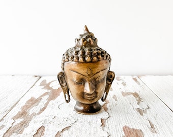 Vintage Small Brass Buddha Head Sculpture Antique Chinese Buddha Figure Home Decor MCM Mid Century Midcentury Modern Decor Accessory Statue