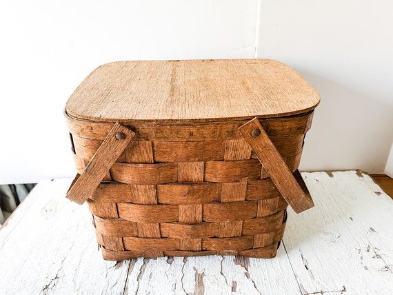 Vintage Antique Primitive Wooden Woven Picnic Bas… - image 4