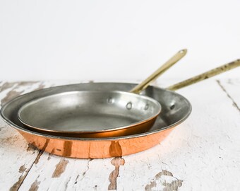 Vintage Antique Set of Two (2) Copper Tin Lined Copral Sauté Pans with Brass Handle Made in Portugal