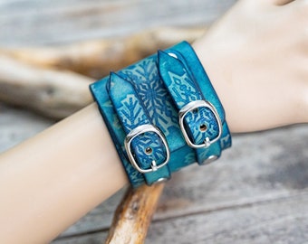 Snowflake Embossed Leather Cuff in Blue Turquoise Color | Handmade Leather Wrist Cuff