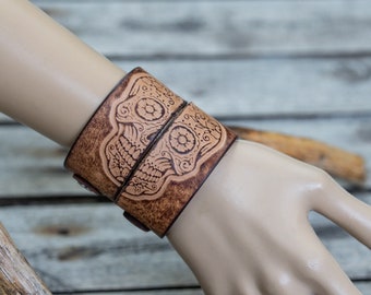 Leather Cuff Bracelets With Day of the Dead Design | Handmade Leather Wrist Cuffs