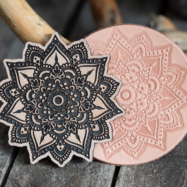 Blumen Mandala Holzstempel für Leder Crafting | 9cm Durchmesser oder 3,5'' x 3,5''