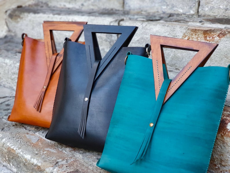 Black Leather Bag With Wooden Handles Etsy