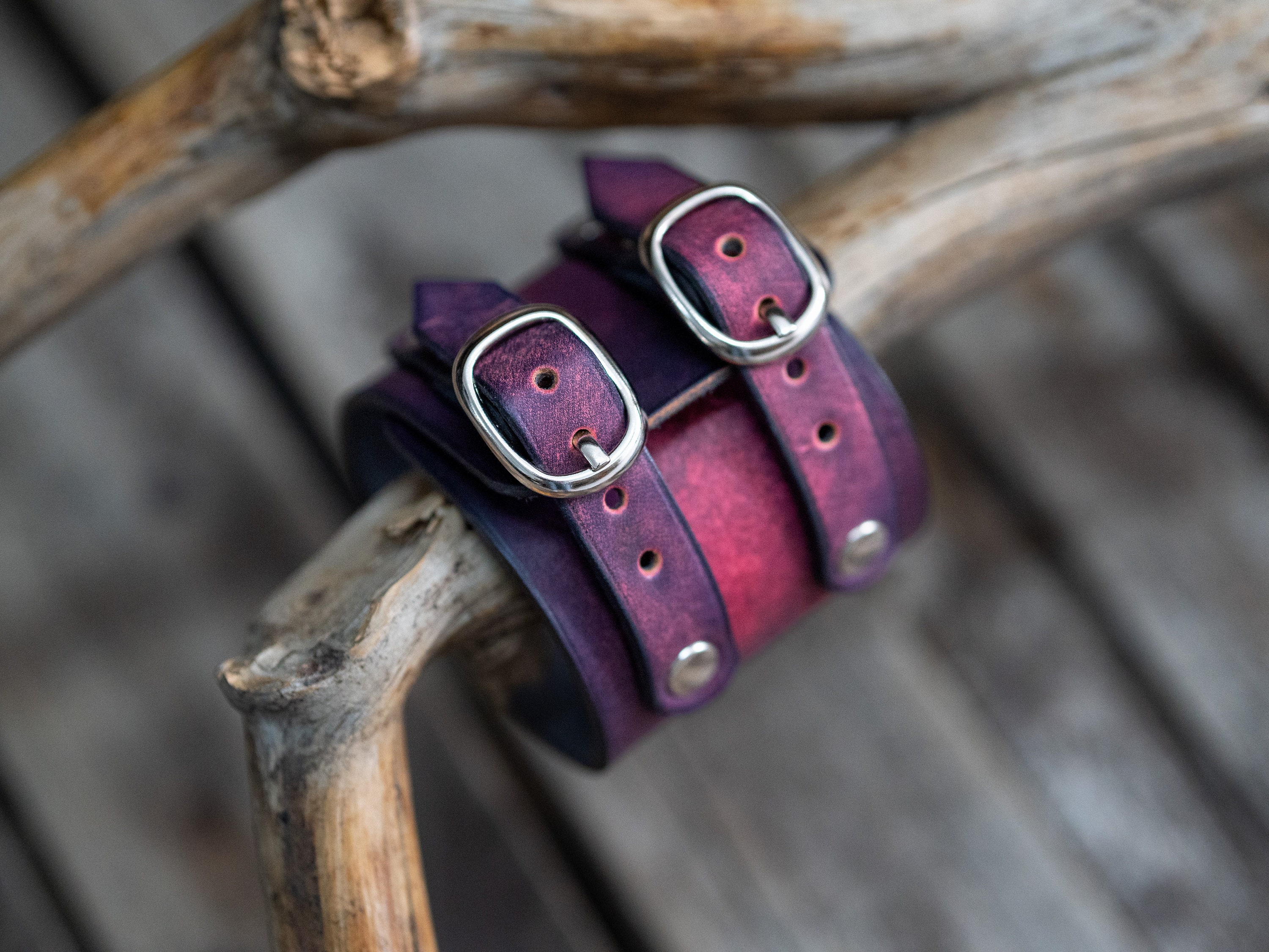 Purple Leather Cuff Bracelet With Owl Design | Handmade Leather Wrist Cuff