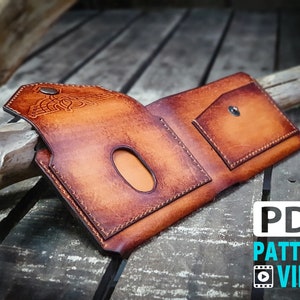 Padrão de carteira de couro em PDF. Padrão de carteira de cartão bifold e vídeo "COMO FAZER"