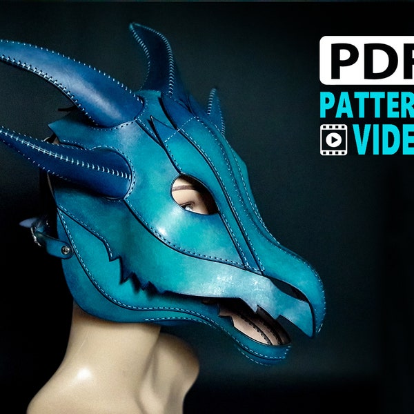 PDF lederen drakenmaskerpatroon, cosplay drakenkoppatroon, volledig hoofdmaskerpatroon