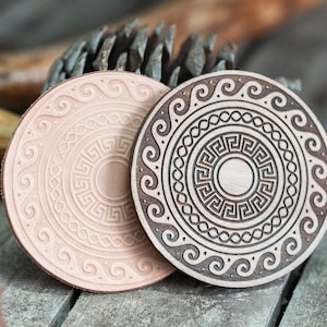 Timbro in legno con motivo rotondo greco per lavorazione della pelle / diametro 8 cm o 3,15" x 3,15"