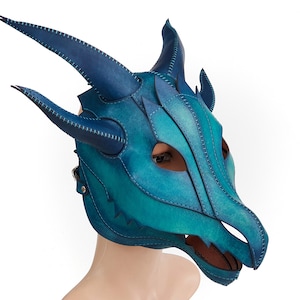 Unisex Leather Dragon Mask, Cosplay Dragon Head, Full Head Leather Mask, Blue Leather Dragon mask