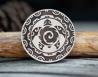 Tribal Turtle Round Design Wooden Stamp for leather crafting | 7 cm diameter or 2,75” x 2,75”