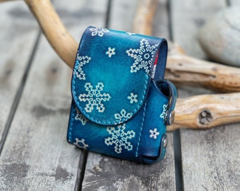 Winter Blue Leather Cigarette Case with Snowflakes Design