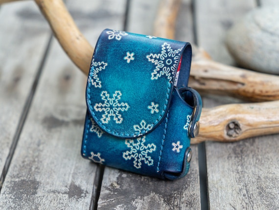 blue leather cigarette case Winter Blue Leather Cigarette Case With Snowflakes Design