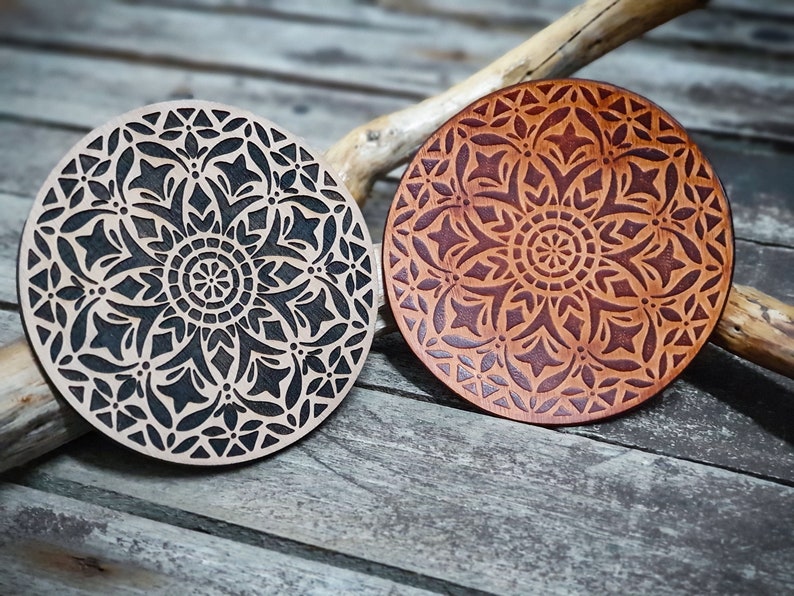 Mosaic Design Round Wooden Stamp for leather crafting 11 cm diameter or 4,3 x 4,3 image 1