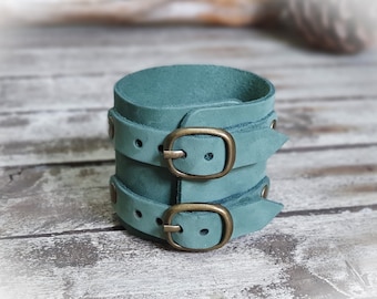 Soft Green Unisex Leather Cuff Bracelet | Handmade Leather Wrist Cuff