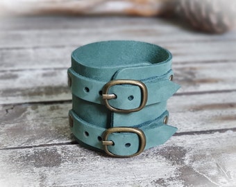 Soft Green Unisex Leather Cuff Bracelet | Handmade Leather Wrist Cuff