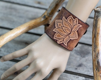 Leather Cuff Bracelet With Lotus Design | Handmade Leather Wrist Cuff