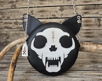 Mini Monster Leather Crossbody Bag, Handmade Gothic Purse, Black Leather Skull Bag
