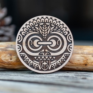 Sello de madera redondo con diseño de máscara maorí para trabajos de cuero / Herramienta para grabar cuero