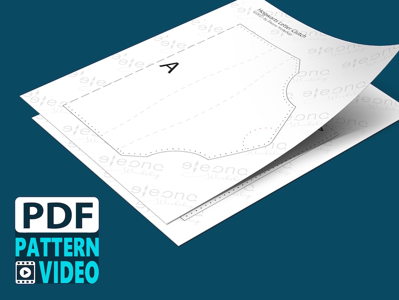 May include: A printable PDF pattern for a Hogwarts Letter Clutch. The pattern includes a video tutorial. The pattern is printed on white paper and folded in half.