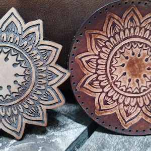 Timbro in legno con mandala di girasole per lavorazione della pelle / diametro 9 cm o 3,5" x 3,5"