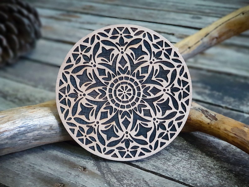 Mosaic Design Round Wooden Stamp for leather crafting 11 cm diameter or 4,3 x 4,3 image 3