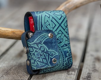 Ethnic Blue Leather Cigarette Case with Tribal Stamp Designs