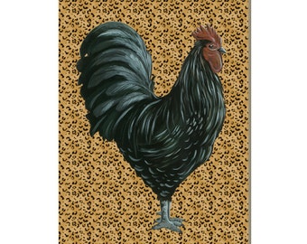 Black Rooster on Leopard Print art print, rooster decor, rooster art, animal print decor, kitchen wall art, chicken art, rooster print