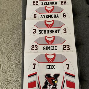 May include: Printed hockey jerseys with player names and numbers. The jerseys are white, gray, and red, featuring the names Zelinka, Ayemoba, Schubert, Simcic, and Cox. The jerseys also display the word "Mentor" and a logo.