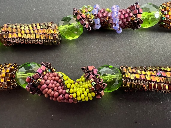 Multicolor Beaded Necklace: Green, Purple & Copper Twisted Beads