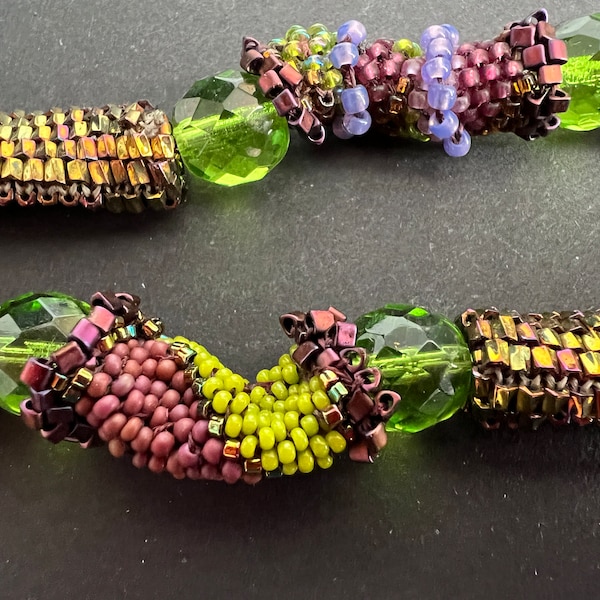 BEADED Multicolor Necklace, green, chartreuse, purple and copper twisty beaded tubes necklace