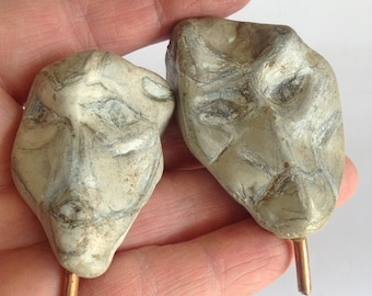 Beach Stone Head Sculpture: Halina Koch Petroglyph Art
