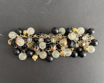 Women's Beaded Bracelet, Three Strand, Multi Beaded, Silver, White, Gold and Black, Oval Link