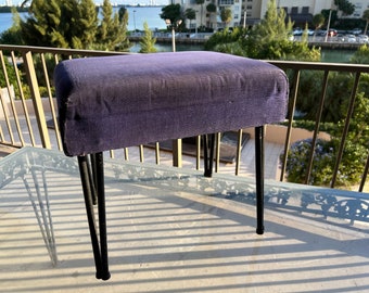 Mid Century Modern MCM Vanity Stool | V-Legs Purple Corduroy | Vintage Dressing Chair |