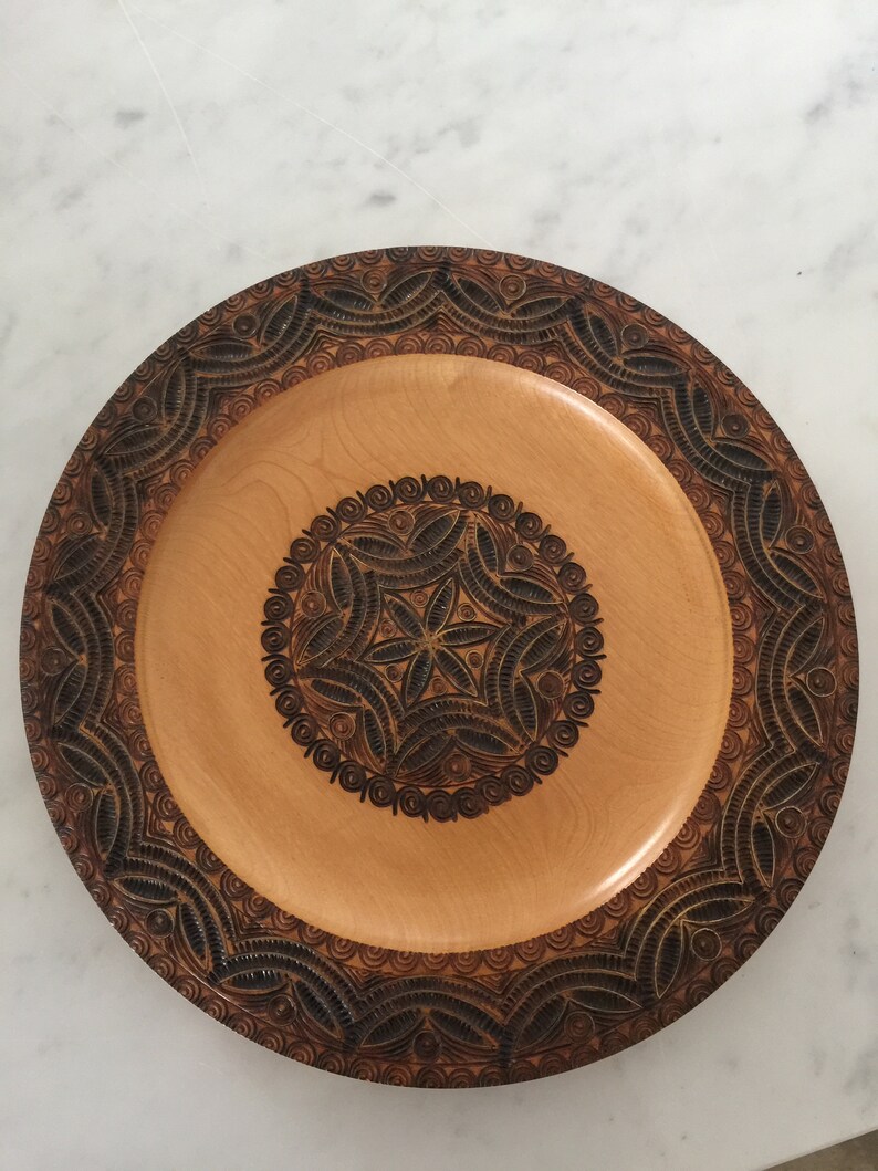 Hand Carved Brass Inlay Linwood Polish Highlander Plate With Folk Art